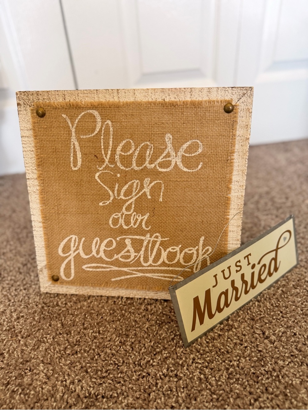 Wooden 'Please Sign Our Guestbook' & Metal “Just Married” Plaques - Set of 2